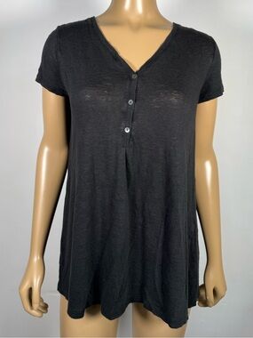 J. Jill Love Linen Women’s Size Extra Small Black Short Sleeve V-Neck Henley Top